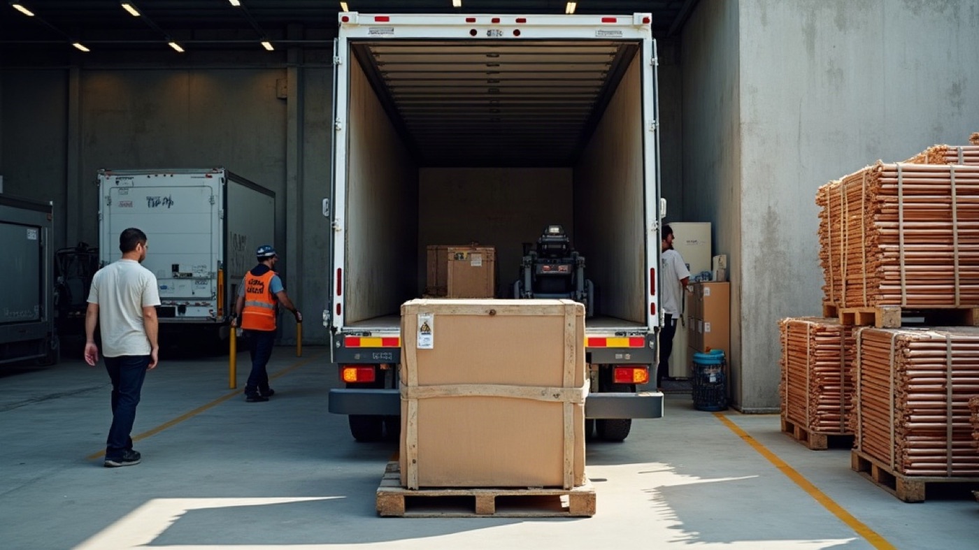 Box truck at a concrete loading dock with a crated pallet and stacked copper pipe