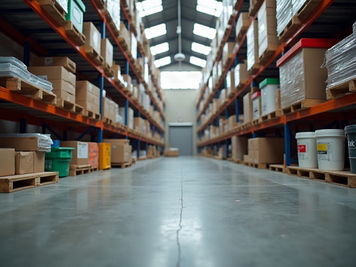 Warehouse aisle of cartons, bins, and finish buckets under a high windowed roof