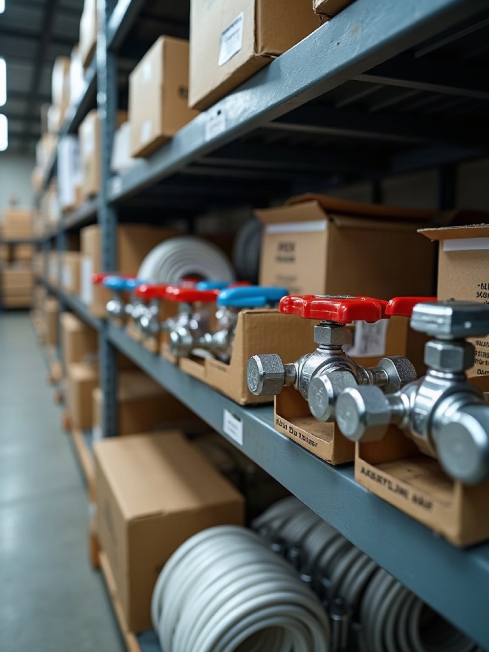Brass valves and coils of pipe on a steel wholesale plumbing shelf