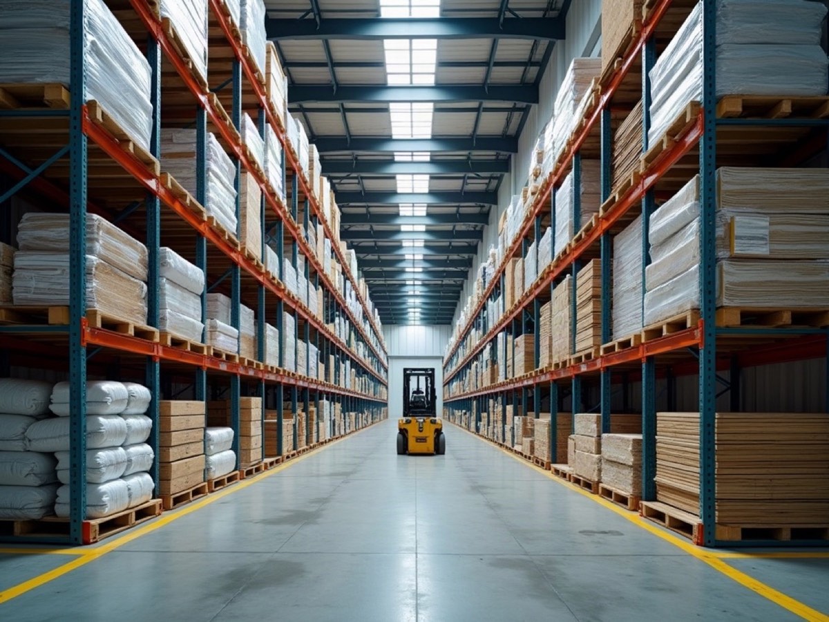 Tall warehouse aisle of sheet goods, bagged materials, and a forklift between the racks